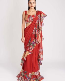 Little Wish - Fiery Red Printed Ruffle Saree Set with Chic Blouse Design