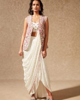 Little Wish - Off-White Emaya Jacket and Saree Set ? A Unique Indo-Western Fusion Ensemble