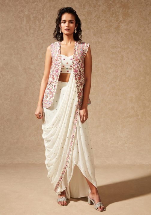 Little Wish - Off-White Emaya Jacket and Saree Set ? A Unique Indo-Western Fusion Ensemble