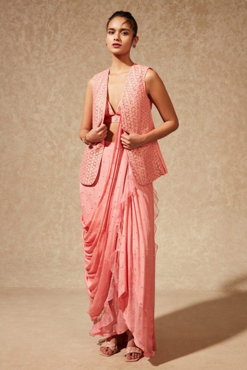 Little Wish - Peach Draped Saree and Jacket Set ? A Chic and Layered Look for Stylish Women