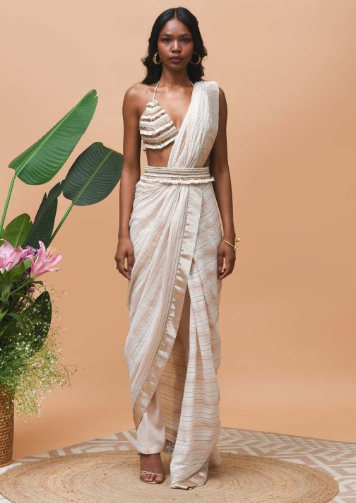 Little Wish - Delilah Rose Gold Draped Sari Set with Luxe Shimmer Detailing