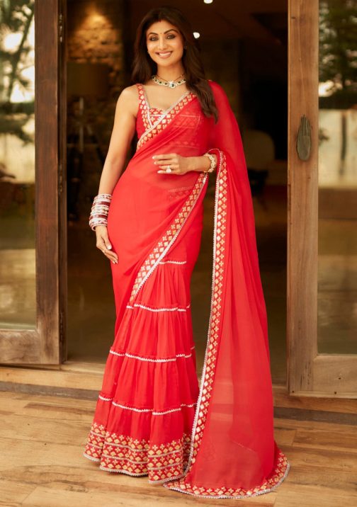 Little Wish - Shilpa Red Draped Sari and Blouse for a Timeless Traditional Appeal