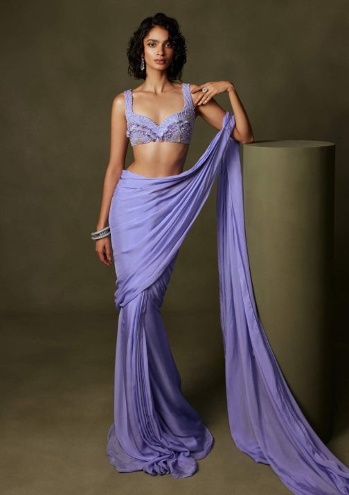 Little Wish - Luzia Pre-Pleated Sari Ensemble with a Chic Blouse and Delicate Embroidery for a Luxe Touch