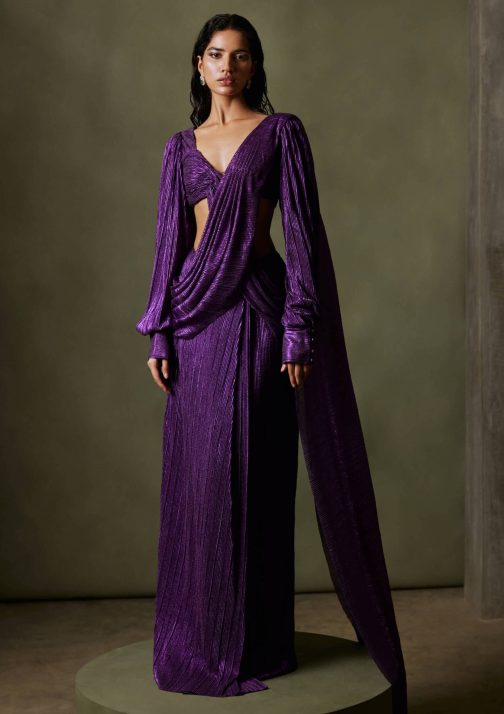 Little Wish - Brianna Purple Pre-Pleated Sari Set with an Exquisitely Designed Blouse for a Statement Appeal