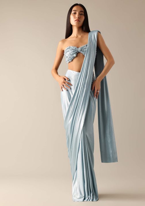 Little Wish - Dora Blue Silver Pleated Sari Set with a Sophisticated Blouse, Perfect for Special Occasions