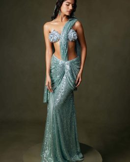 Little Wish - Leni Blue Pleated Sari Set Featuring a Chic Blouse with Fine Detailing and Embellishments