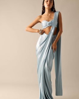 Little Wish - Lia Blue Silver Sari Ensemble with a Shimmering Blouse for an Ethereal and Elegant Look