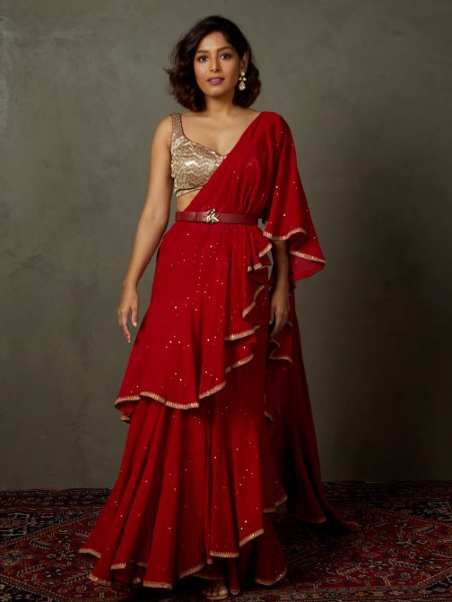 Little Wish - Red Ruby Embroidered Draped Saree and Stitched Blouse ? A Statement Look with Deep Red Elegance