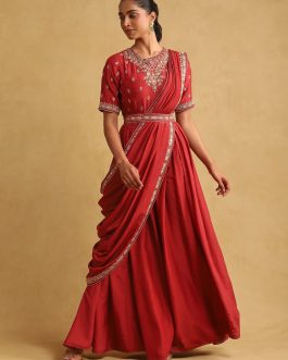Little Wish - Rust Embroidered Draped Saree Set ? A Bold and Warm-Toned Saree with Embroidered Details