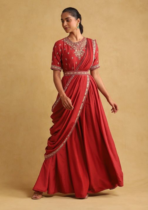 Little Wish - Rust Embroidered Draped Saree Set ? A Bold and Warm-Toned Saree with Embroidered Details