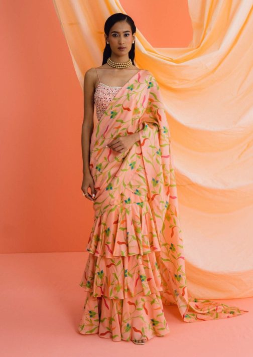 Little Wish - Peach Print Pre-Draped Ruffle Sari with Blouse for a Feminine and Playful Style