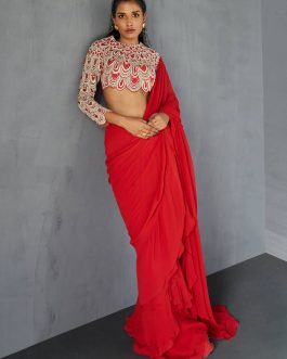 Little Wish - Red Draped Ruffle Saree and Blouse ? A Classic and Elegant Red Saree with Dramatic Ruffles