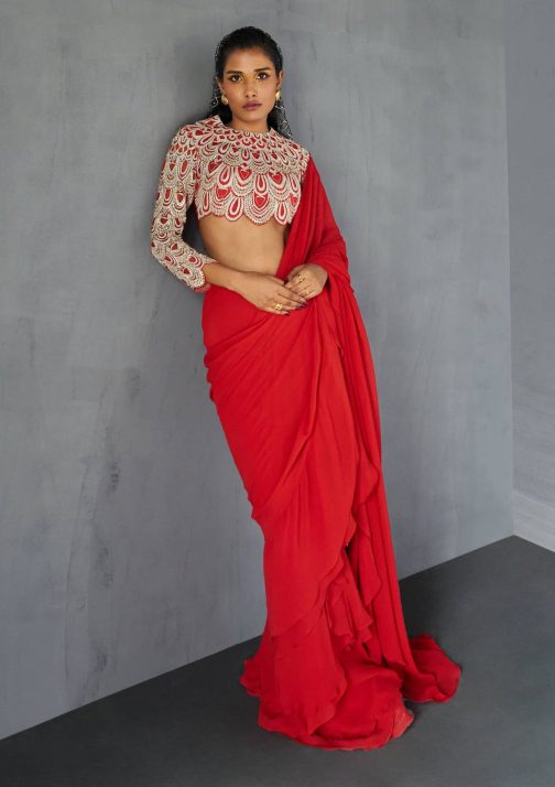 Little Wish - Red Draped Ruffle Saree and Blouse ? A Classic and Elegant Red Saree with Dramatic Ruffles