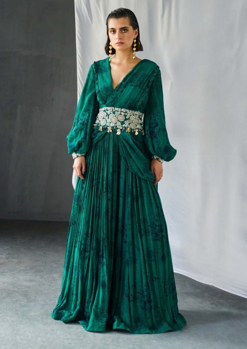 Little Wish - Teal Blossom Palazzo Saree Set ? A Flowing Palazzo-Style Saree for Modern Elegance