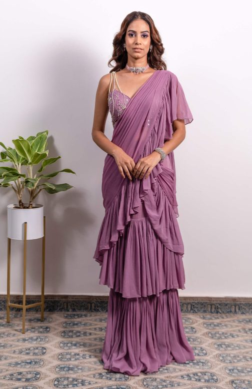 Little Wish - Purple Frill Pre-Draped Saree with Matching Blouse ? Elegant and Playful Ethnic Ensemble