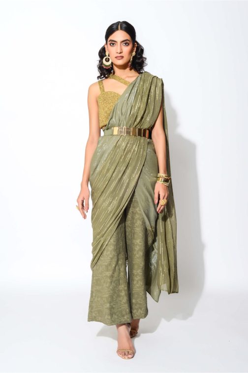 Little Wish - Olive and Gold Pre-Stitched Saree Set ? Rich and Regal Festive Ensemble