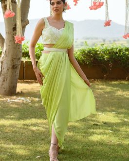 Little Wish - Green Embroidered Draped Sari Set ? Intricately Designed Outfit for Grand Events
