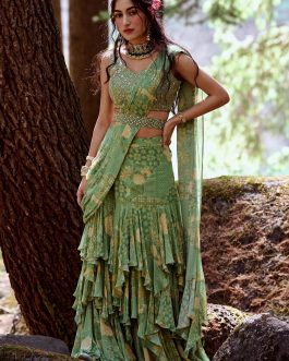 Little Wish - Green Georgette Pre-Draped Sari with Blouse ? Lightweight and Stylish Party Wear