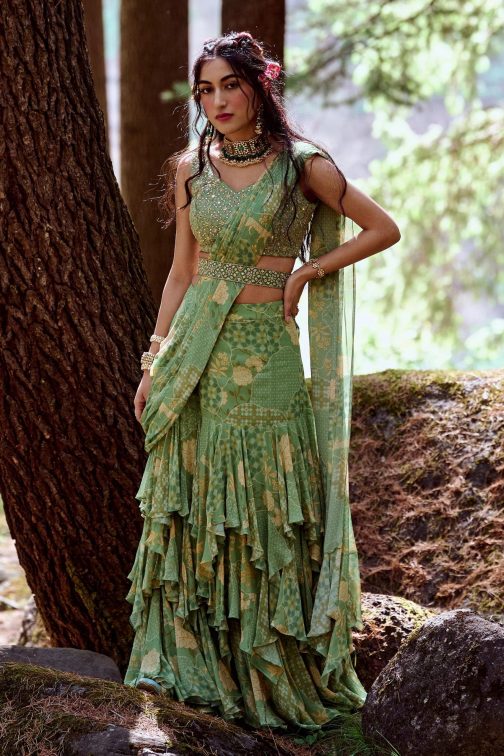 Little Wish - Green Georgette Pre-Draped Sari with Blouse ? Lightweight and Stylish Party Wear