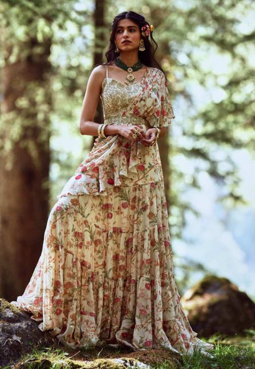 Little Wish - Off-White Floral Print Pre-Draped Sari Set ? Soft and Elegant Traditional Attire