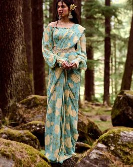 Little Wish - Teapot Blue Rose Print Pre-Draped Sari Set ? Chic and Floral-Infused Modern Saree
