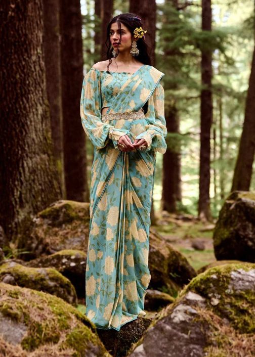 Little Wish - Teapot Blue Rose Print Pre-Draped Sari Set ? Chic and Floral-Infused Modern Saree