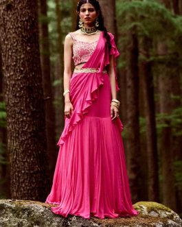 Little Wish - Rani Pink Pre-Draped Sari Set ? Regal and Striking Outfit for Special Occasions
