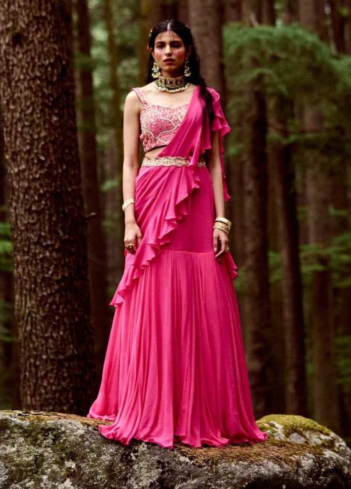 Little Wish - Rani Pink Pre-Draped Sari Set ? Regal and Striking Outfit for Special Occasions