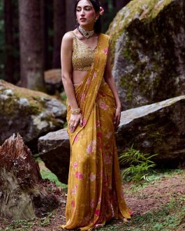 Little Wish - Ochre Yellow Print Pre-Draped Sari Set ? Warm and Bright Traditional Festive Wear