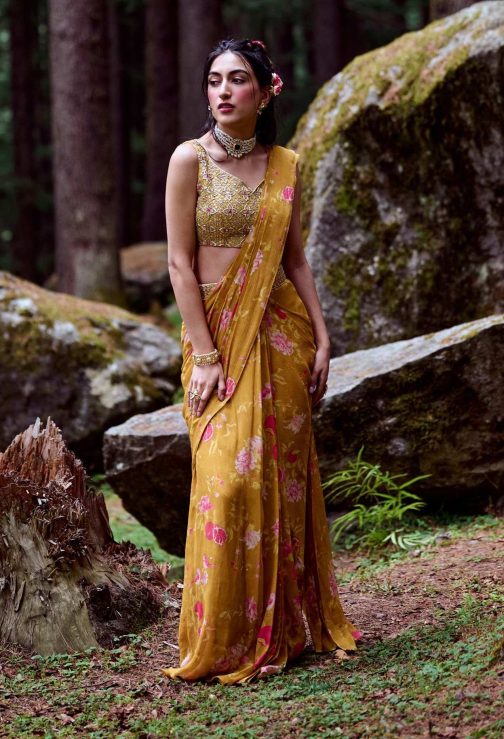 Little Wish - Ochre Yellow Print Pre-Draped Sari Set ? Warm and Bright Traditional Festive Wear