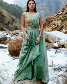 Little Wish - Teapot Blue Pre-Draped Sari Set ? Modern and Trendy Ethnic Wear for Celebrations