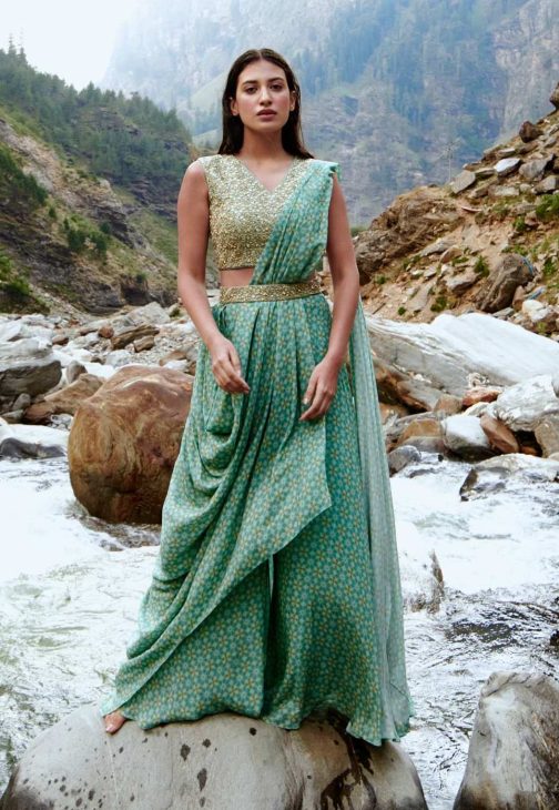 Little Wish - Teapot Blue Pre-Draped Sari Set ? Modern and Trendy Ethnic Wear for Celebrations