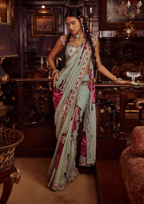 Little Wish - Idika Aqua Pre-Draped Sari with Matching Blouse for a Fresh Look
