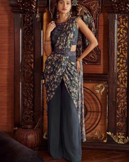 Little Wish - Saisha Blue Pre-Draped Pant Sari with Blouse for a Modern Fusion Style