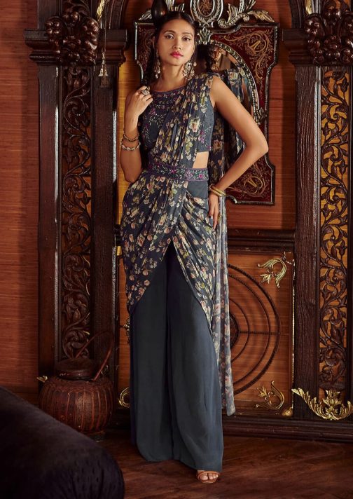 Little Wish - Saisha Blue Pre-Draped Pant Sari with Blouse for a Modern Fusion Style