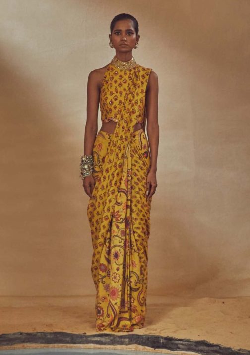 Little Wish - Yellow Draped Printed Sari with Blouse for a Cheerful and Stylish Festive Look