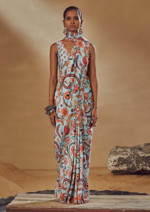 Little Wish - Light Blue Draped Sari with Blouse for a Cool and Elegant Pastel Statement