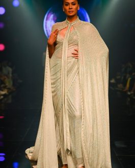 Little Wish - Silver Embellished Pre-Draped Sari Set with Luxe Handwork Detailing