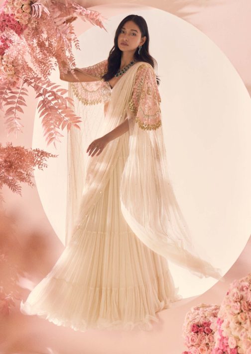 Little Wish - Ivory Glisten Draped Saree with Blouse ? Subtle Shine and Graceful Flow