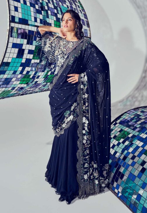 Little Wish - Navy Blue Sol Draped Saree ? Classic and Elegant Look for Formal Gatherings