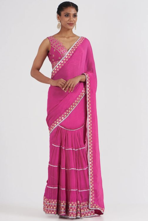 Little Wish - Sanvi Pink Draped Sari with Matching Blouse for a Graceful Look