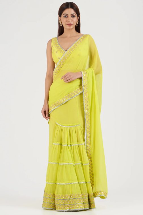 Little Wish - Vanni Lime Green Draped Sari with Stylish Blouse for a Fresh Look