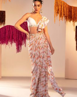 Little Wish - White Printed Draped Sari Set with a Modern Ethnic Appeal