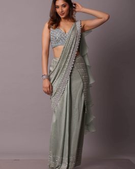 Little Wish - Sage Green Draped Sari with Matching Blouse ? Elegant and Timeless Traditional Wear
