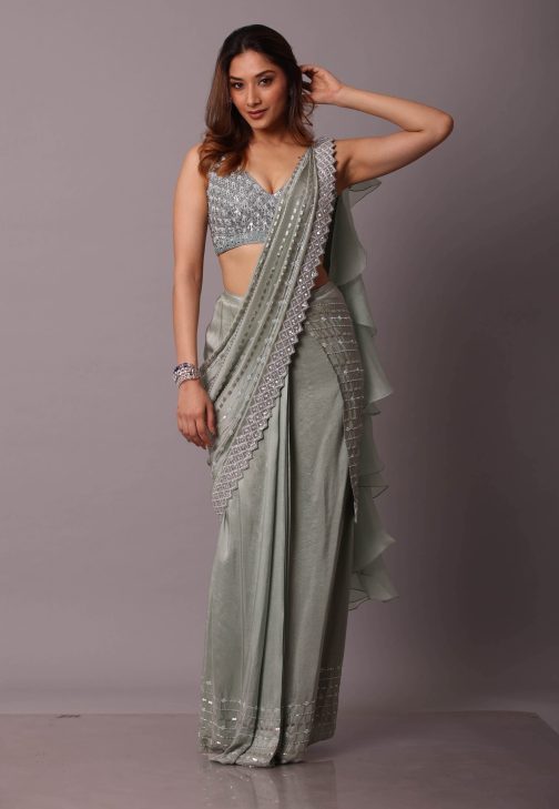 Little Wish - Sage Green Draped Sari with Matching Blouse ? Elegant and Timeless Traditional Wear