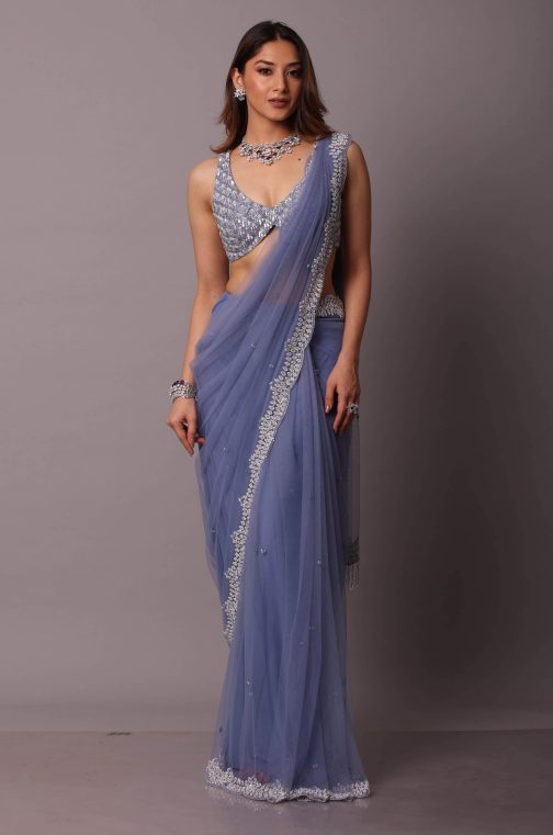 Little Wish - Periwinkle Blue Draped Sari with Blouse for a Serene and Sophisticated Ensemble