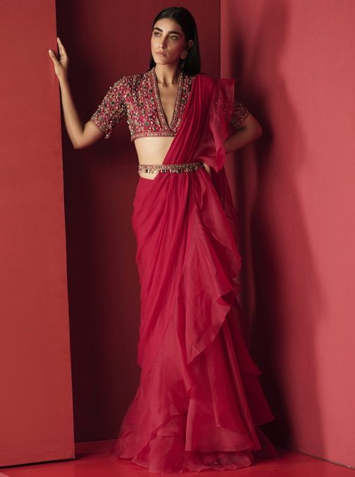 Little Wish - Deep Fuchsia Draped Ruffle Saree Set ? A Bold and Playful Ensemble with Dramatic Ruffles