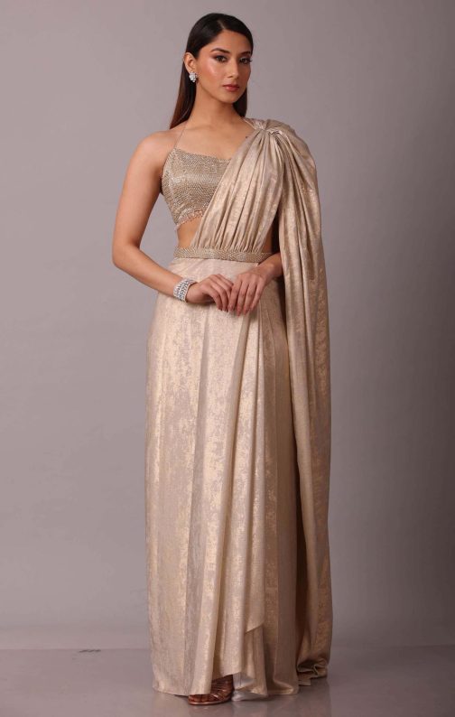 Little Wish - Gold Shimmer Sari Set with Glittering Fabric for a Luxe and Party-Ready Appeal