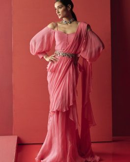 Little Wish - Vintage Rose Draped Ruffle Saree Set ? A Romantic and Graceful Attire with a Timeless Charm