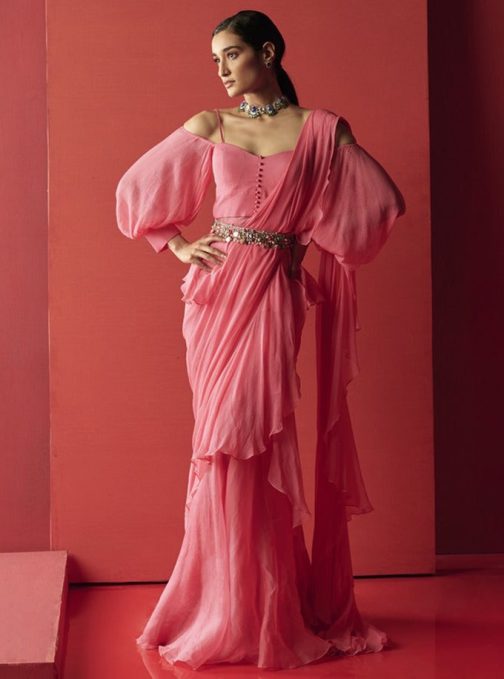 Little Wish - Vintage Rose Draped Ruffle Saree Set ? A Romantic and Graceful Attire with a Timeless Charm